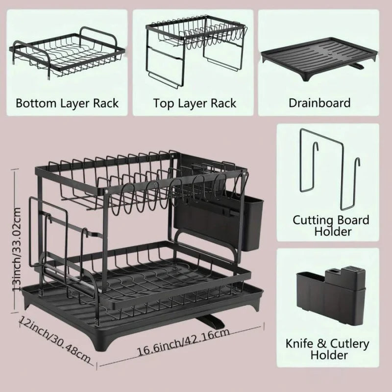 OptiDrain Pro – 2 Tier Dish Drying Rack Stainless Steel | Large Kitchen Counter Drainboard