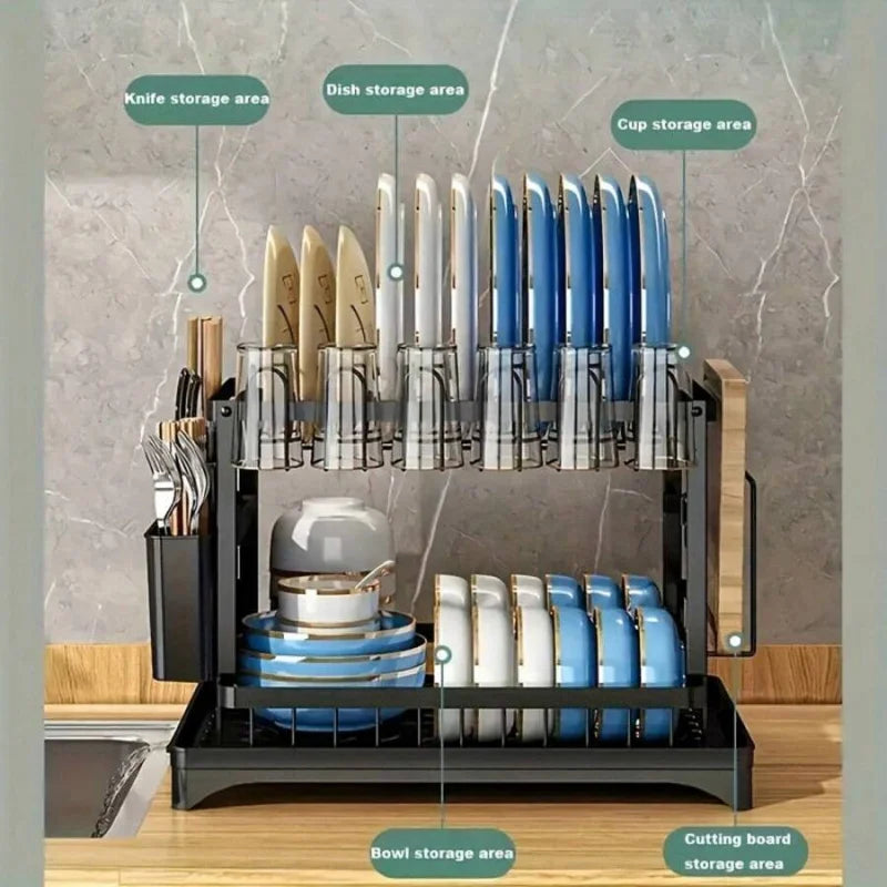 OptiDrain Pro – 2 Tier Dish Drying Rack Stainless Steel | Large Kitchen Counter Drainboard