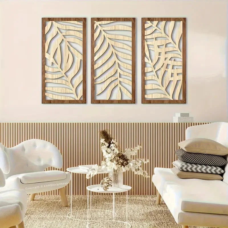 OptiArt Palm – 3-Piece Carved Wood Wall Decor | Tropical Hollow Leaf Art Set for Living Room