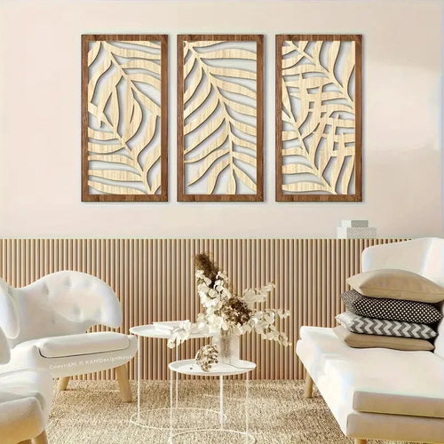 OptiArt Palm – 3-Piece Carved Wood Wall Decor | Tropical Hollow Leaf Art Set for Living Room