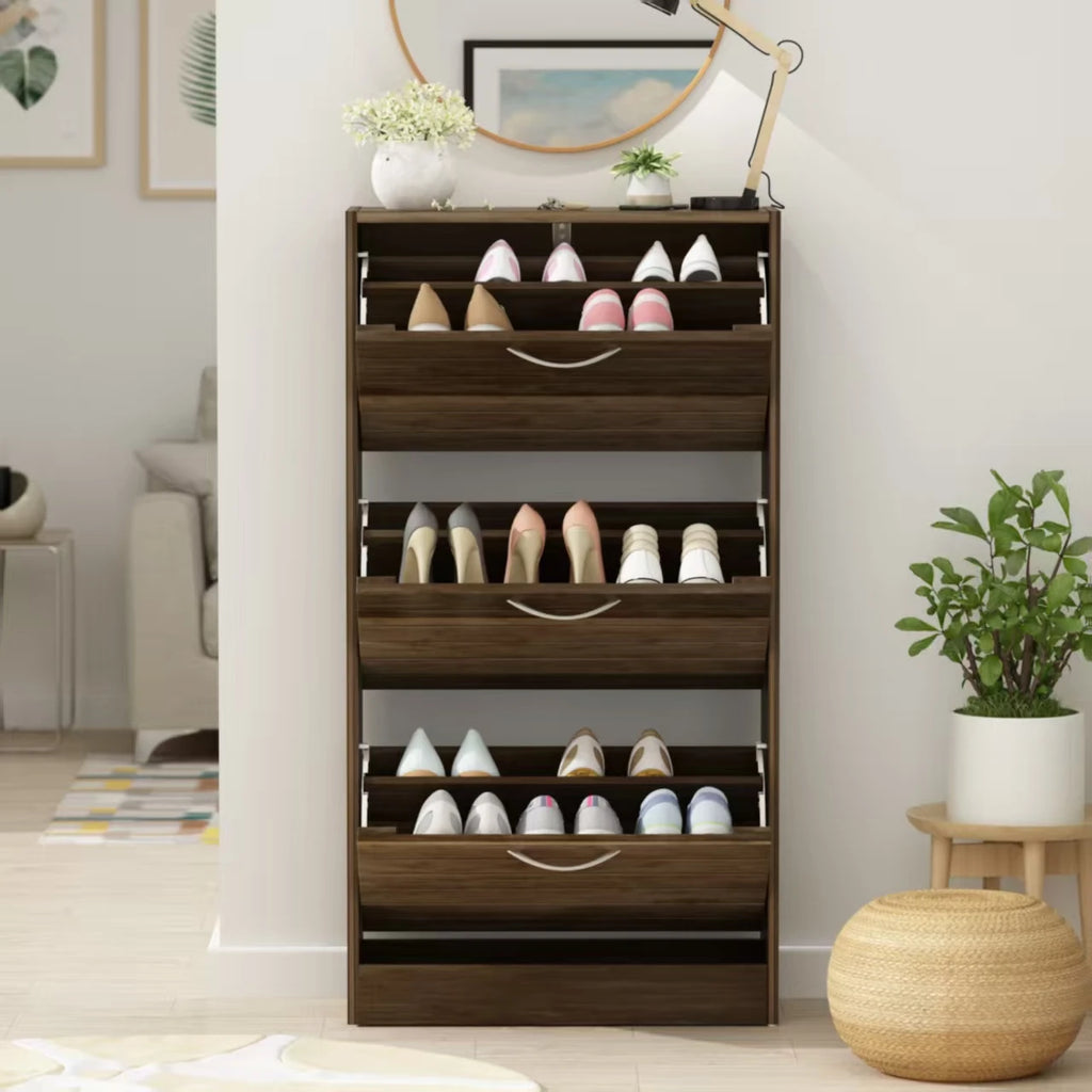 OptiVault Entry – 3-Door Wooden Shoe Cabinet | Modern Hallway Storage with Adjustable Shelves