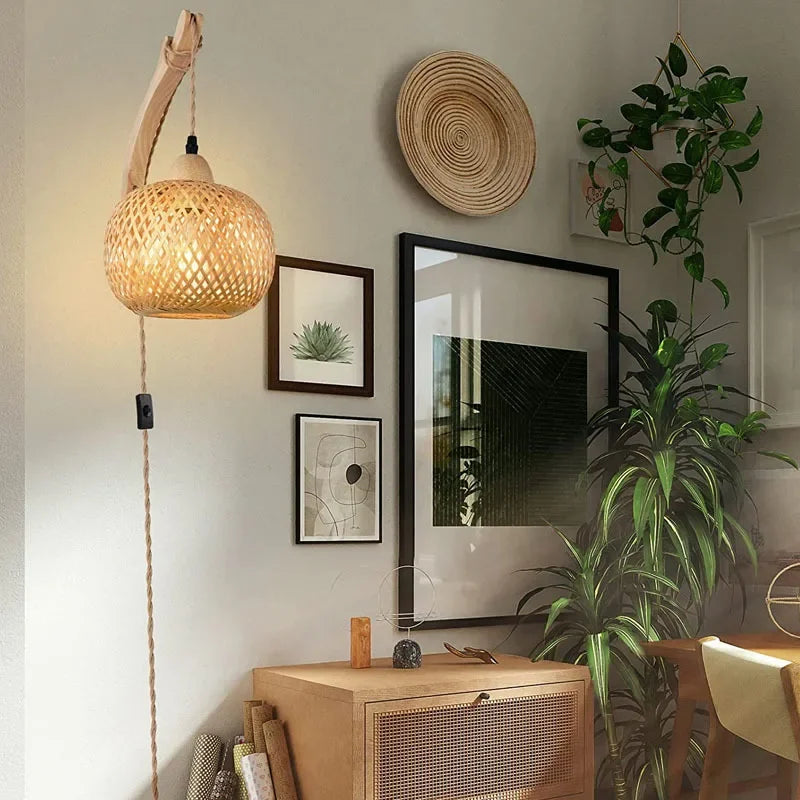 OptiGlow Rattan – Hand-Woven Bamboo Wall Lamp | E27 Boho Lantern for Bedroom, Foyer & Dining Room