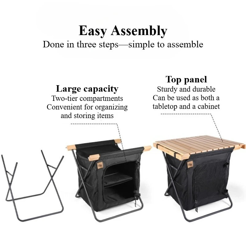 OptiFold Camp – Foldable Outdoor Storage Cabinet | 2-in-1 Solid Wood Camping Table
