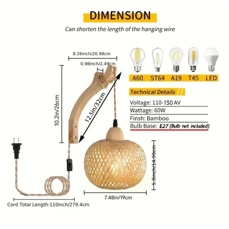 OptiGlow Rattan – Hand-Woven Bamboo Wall Lamp | E27 Boho Lantern for Bedroom, Foyer & Dining Room