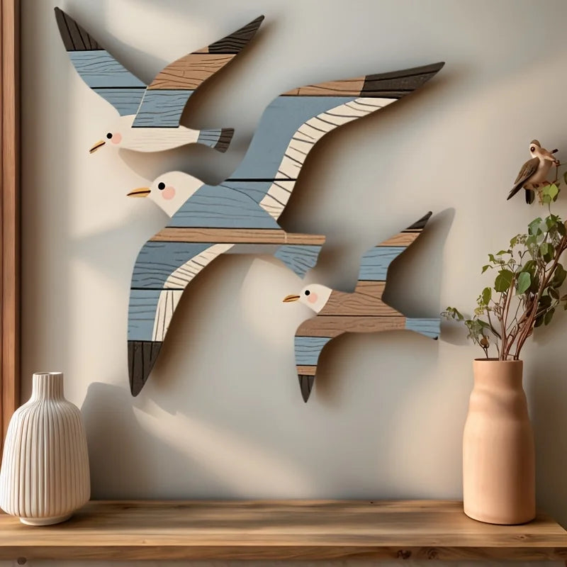 OptiWall Birds – Wooden Seagull Wall Decor Set of 3 | Coastal Nautical Home Decoration