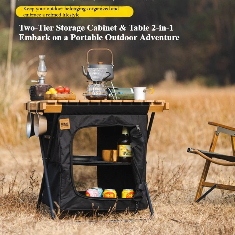 OptiFold Camp – Foldable Outdoor Storage Cabinet | 2-in-1 Solid Wood Camping Table
