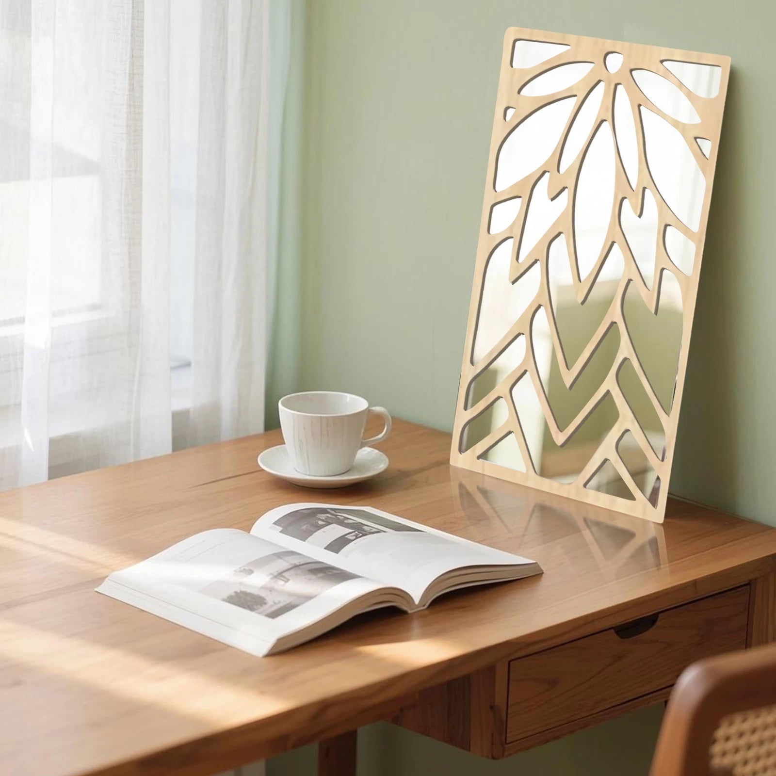 OptiBloom Mirror – 3-Piece Leaf-Shaped Wall Mirror Set | Modern Wooden & Acrylic Statement Decor