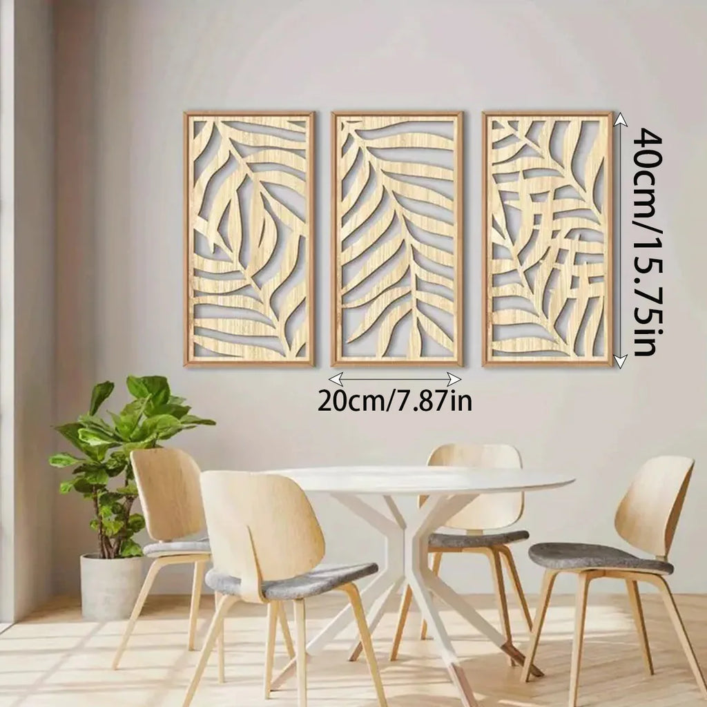 OptiArt Palm – 3-Piece Carved Wood Wall Decor | Tropical Hollow Leaf Art Set for Living Room
