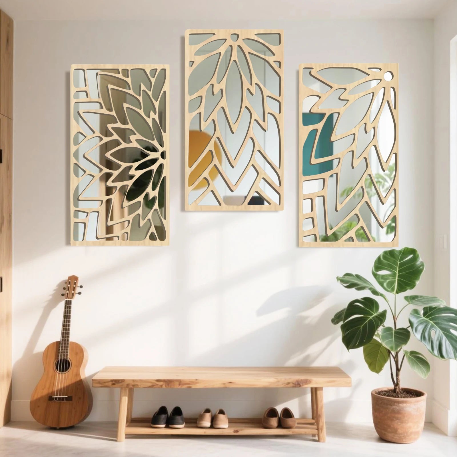 OptiBloom Mirror – 3-Piece Leaf-Shaped Wall Mirror Set | Modern Wooden & Acrylic Statement Decor