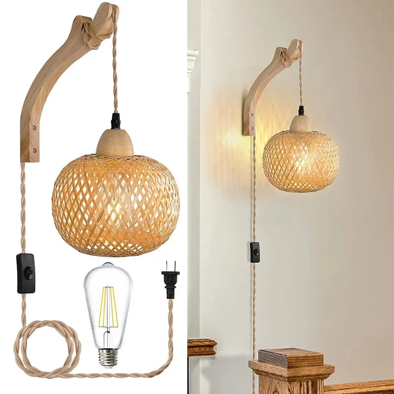 OptiGlow Rattan – Hand-Woven Bamboo Wall Lamp | E27 Boho Lantern for Bedroom, Foyer & Dining Room