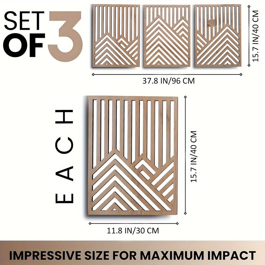 OptiArt Sun – 3-Piece Retro Boho Wood Wall Art | Pine & Sun Mural Set for Living Room & Bedroom