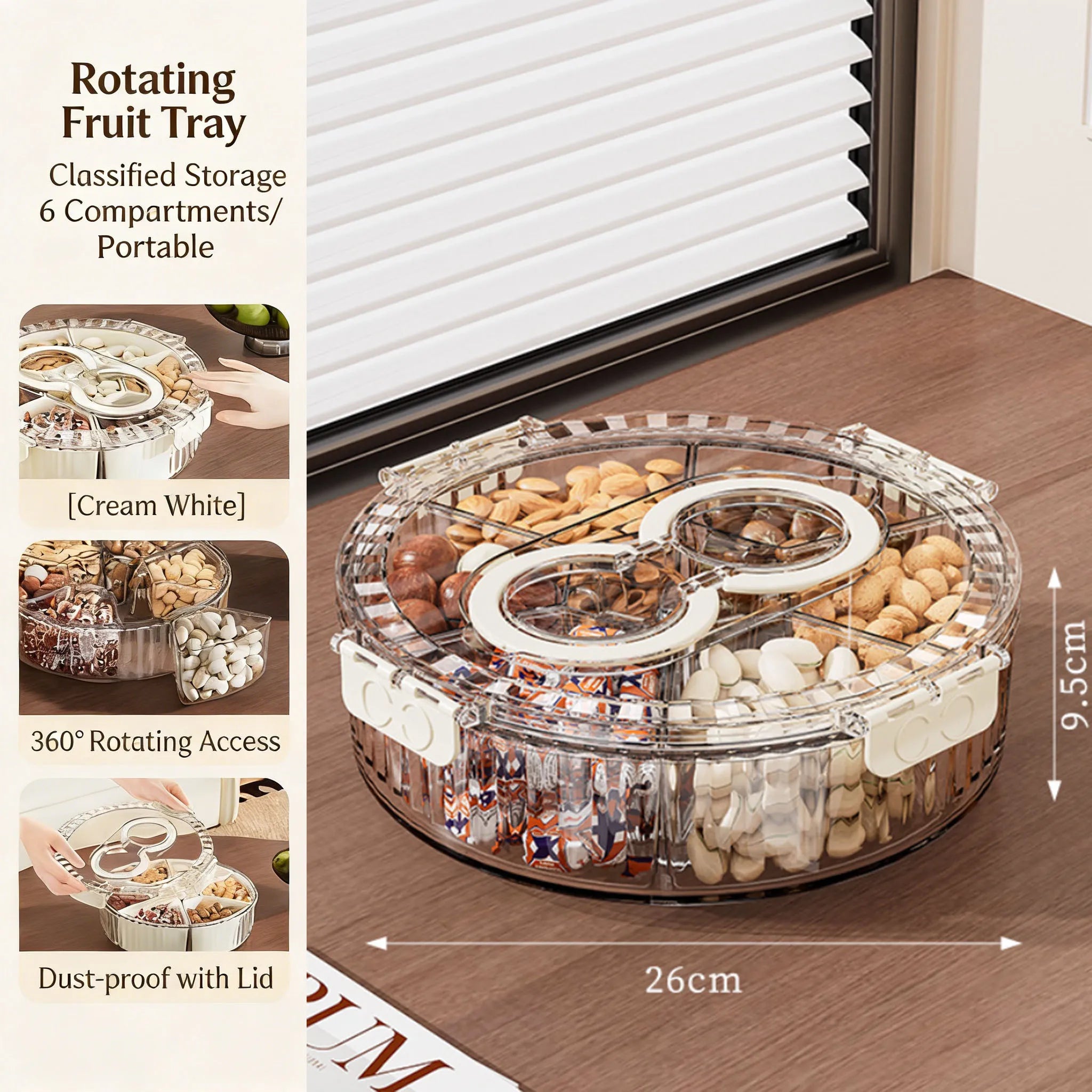 OptiSnack 360° Rotating Serving Organizer – Multi-Grid Snack & Dry Food Container