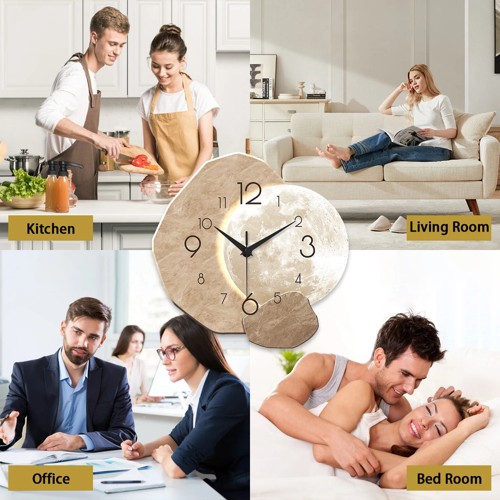 OptiTime Moon – Silent Modern Wall Clock | Quartz Wooden Moon Design for Bedroom, Living Room & Office
