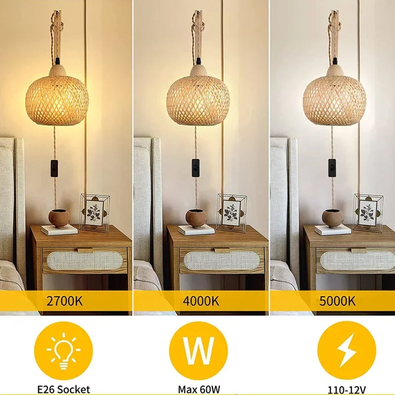 OptiGlow Rattan – Hand-Woven Bamboo Wall Lamp | E27 Boho Lantern for Bedroom, Foyer & Dining Room