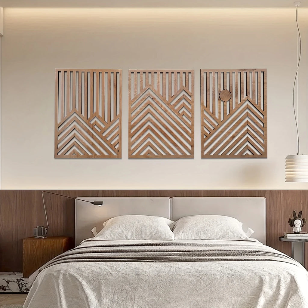 OptiArt Sun – 3-Piece Retro Boho Wood Wall Art | Pine & Sun Mural Set for Living Room & Bedroom
