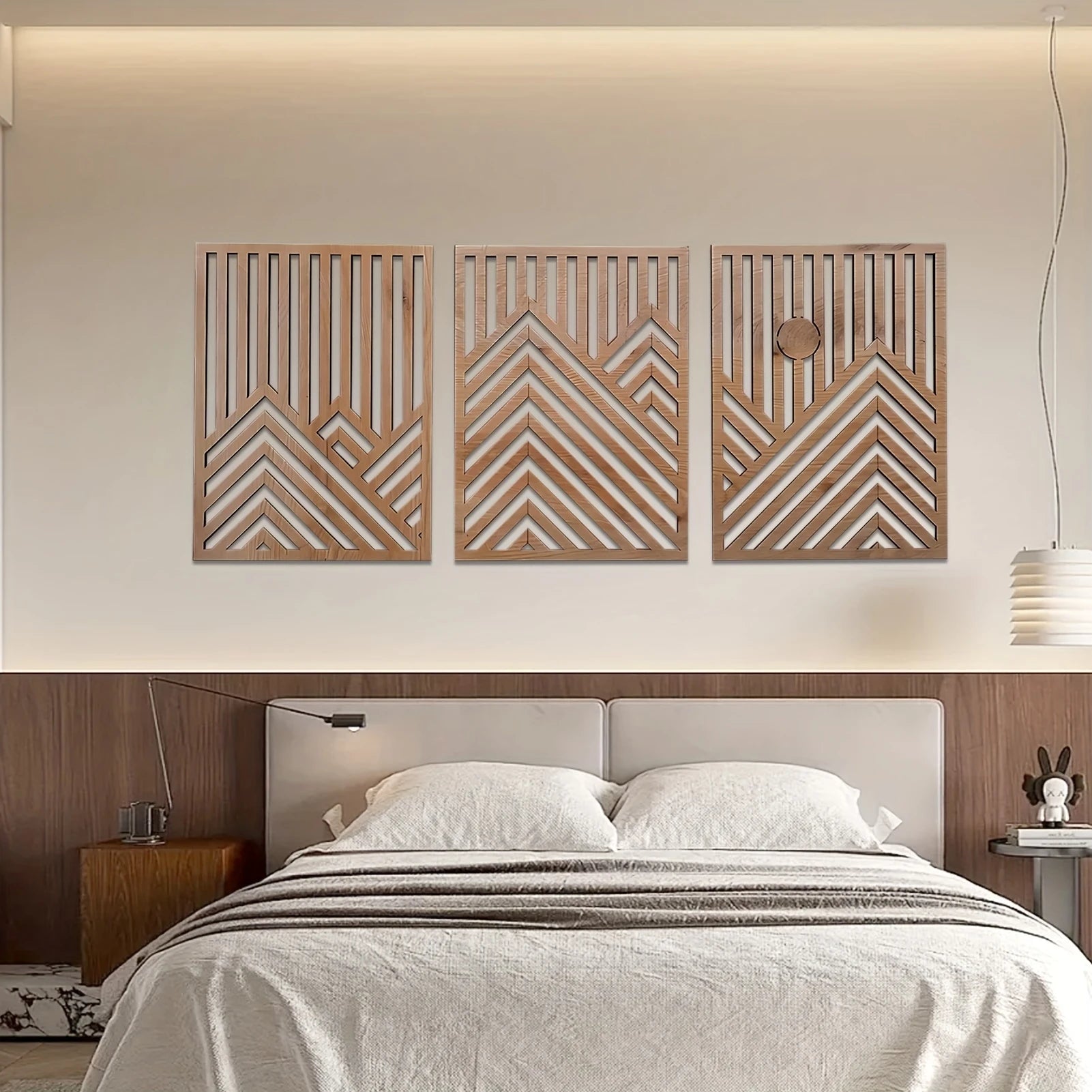 OptiArt Sun – 3-Piece Retro Boho Wood Wall Art | Pine & Sun Mural Set for Living Room & Bedroom