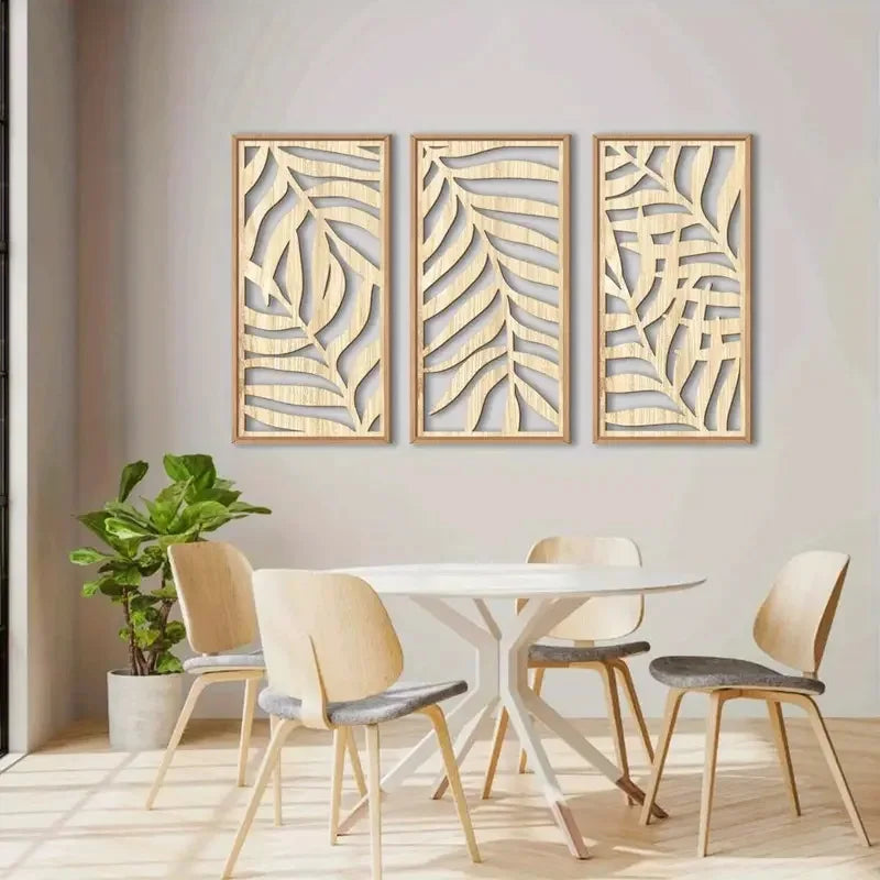 OptiArt Palm – 3-Piece Carved Wood Wall Decor | Tropical Hollow Leaf Art Set for Living Room
