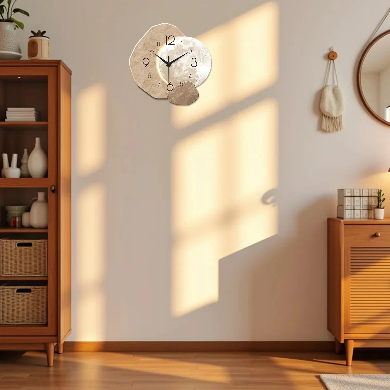 OptiTime Moon – Silent Modern Wall Clock | Quartz Wooden Moon Design for Bedroom, Living Room & Office
