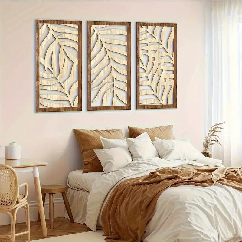 OptiArt Palm – 3-Piece Carved Wood Wall Decor | Tropical Hollow Leaf Art Set for Living Room