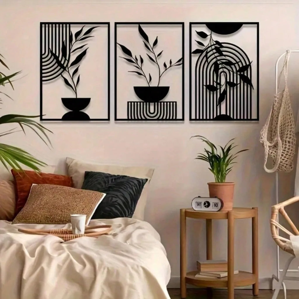 OptiArt Iron – Black Metal Wall Art 3-Piece Set | Abstract Line Decor