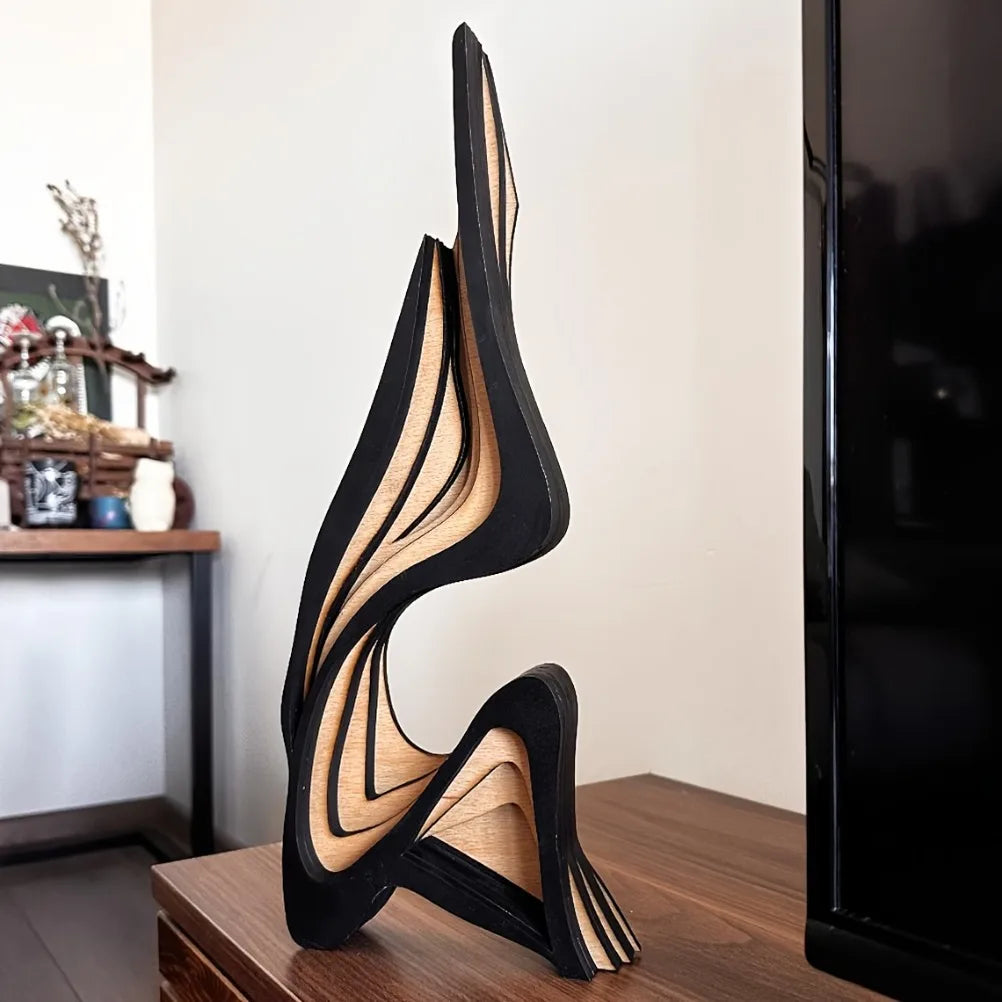 OptiArt Curve – Streamlined Wooden Abstract Statue | Modern Minimalist Desktop & Bookshelf Sculpture