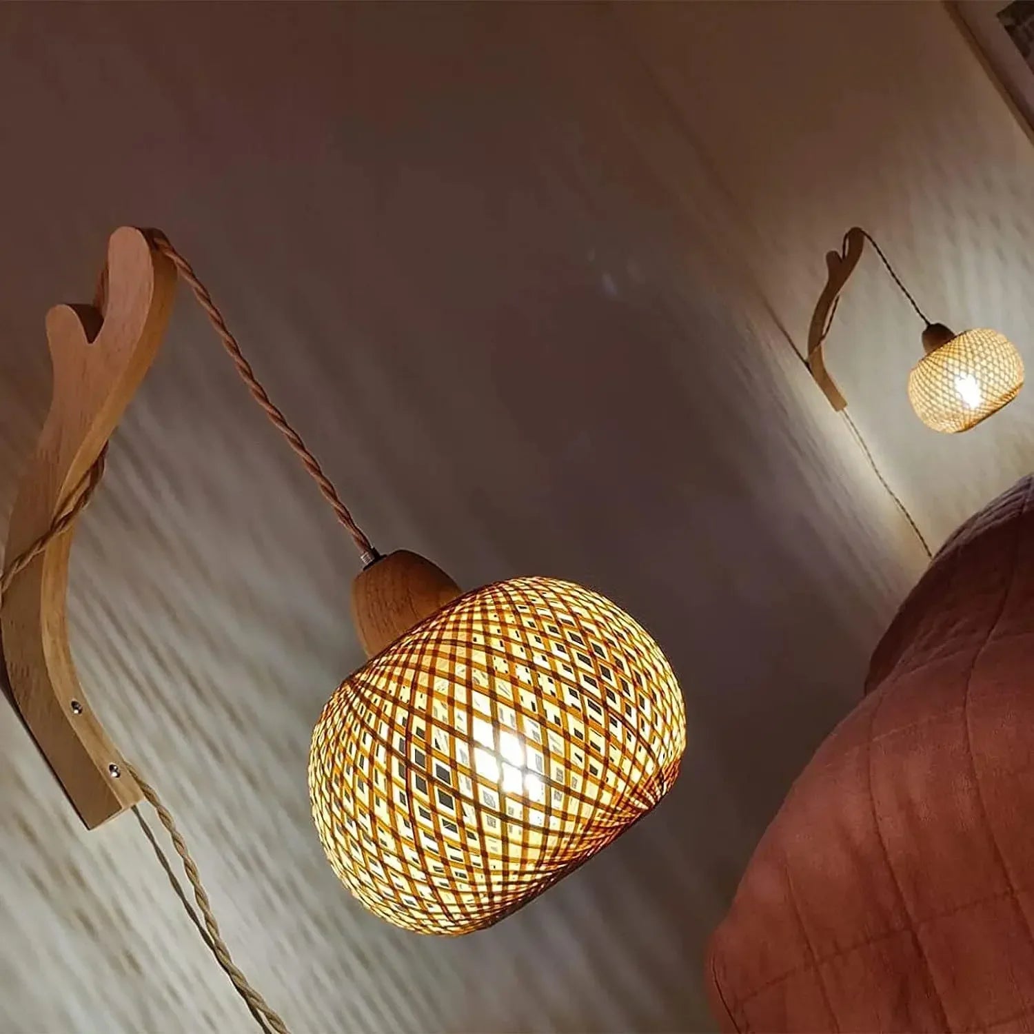 OptiGlow Rattan – Hand-Woven Bamboo Wall Lamp | E27 Boho Lantern for Bedroom, Foyer & Dining Room