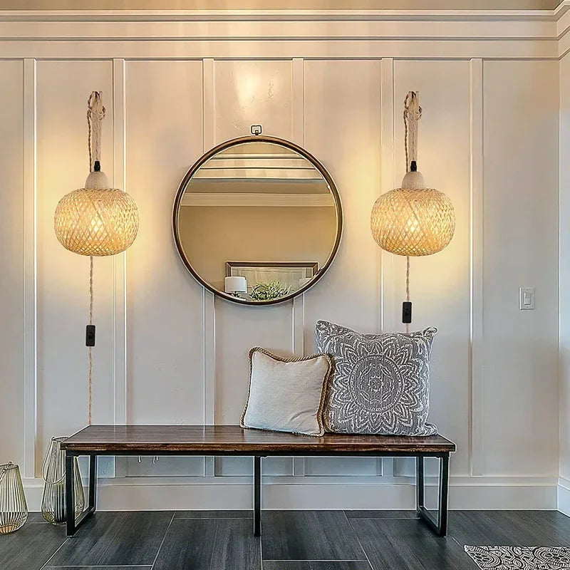 OptiGlow Rattan – Hand-Woven Bamboo Wall Lamp | E27 Boho Lantern for Bedroom, Foyer & Dining Room