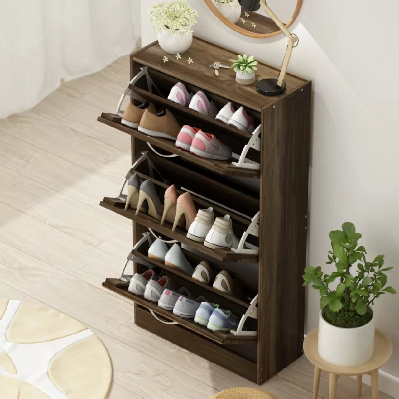 OptiVault Entry – 3-Door Wooden Shoe Cabinet | Modern Hallway Storage with Adjustable Shelves