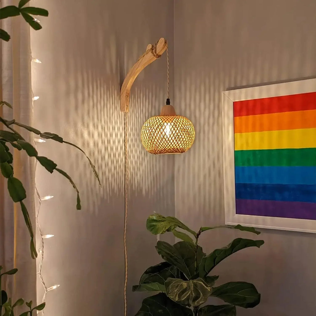 OptiGlow Rattan – Hand-Woven Bamboo Wall Lamp | E27 Boho Lantern for Bedroom, Foyer & Dining Room