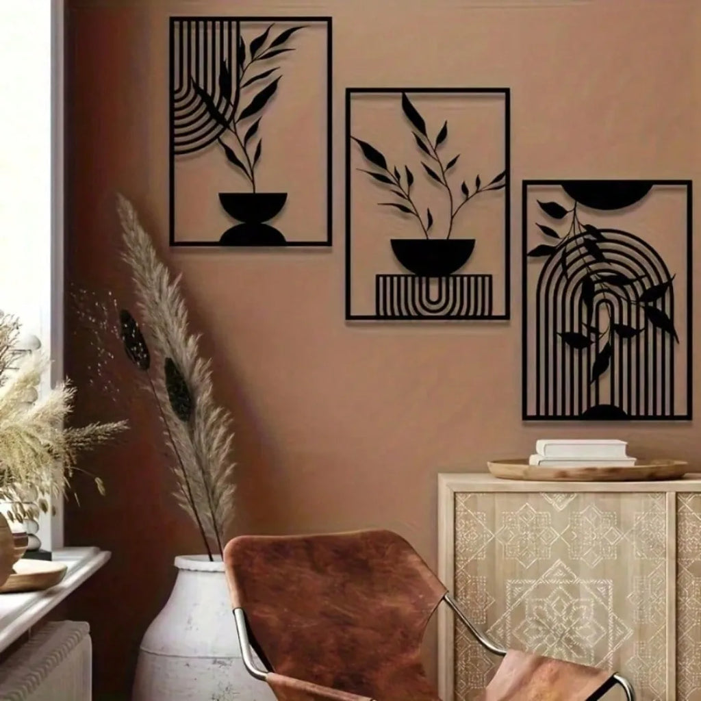 OptiArt Iron – Black Metal Wall Art 3-Piece Set | Abstract Line Decor
