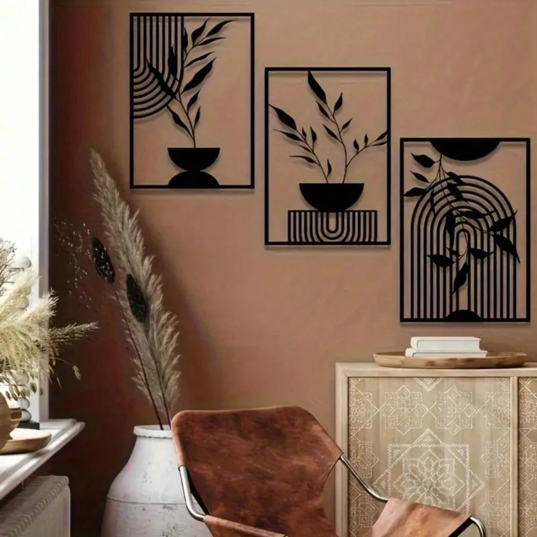 OptiArt Iron – Black Metal Wall Art 3-Piece Set | Abstract Line Decor