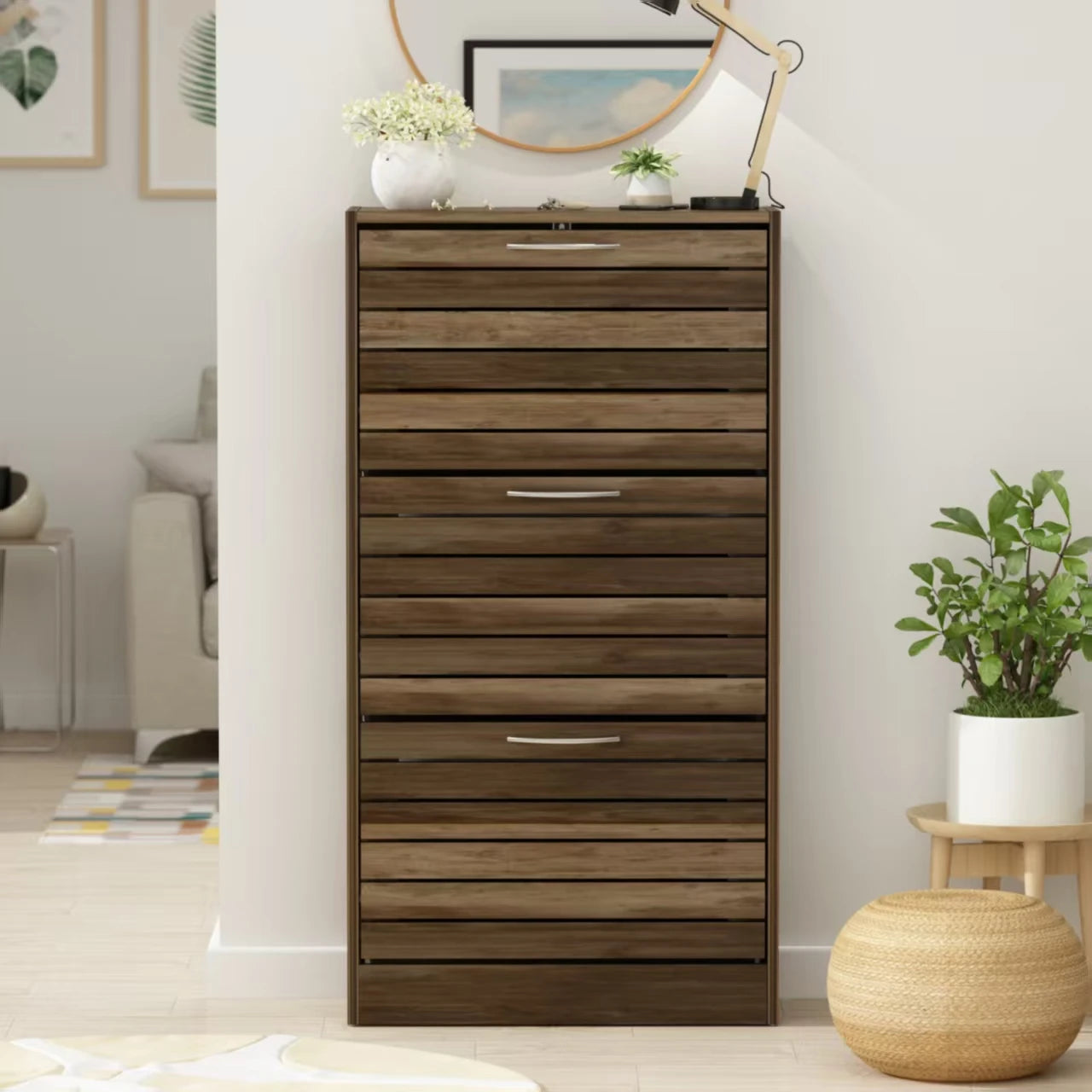 OptiVault Entry – 3-Door Wooden Shoe Cabinet | Modern Hallway Storage with Adjustable Shelves