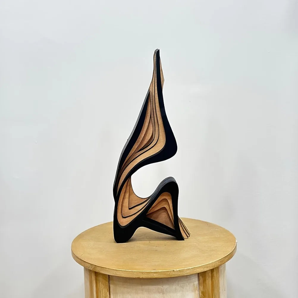 OptiArt Curve – Streamlined Wooden Abstract Statue | Modern Minimalist Desktop & Bookshelf Sculpture