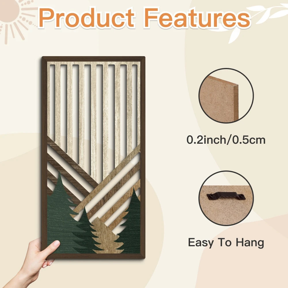 OptiArt Sun – 3-Piece Retro Boho Wood Wall Art | Pine & Sun Mural Set for Living Room & Bedroom