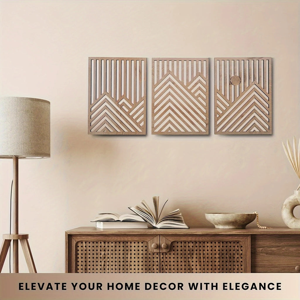 OptiArt Sun – 3-Piece Retro Boho Wood Wall Art | Pine & Sun Mural Set for Living Room & Bedroom