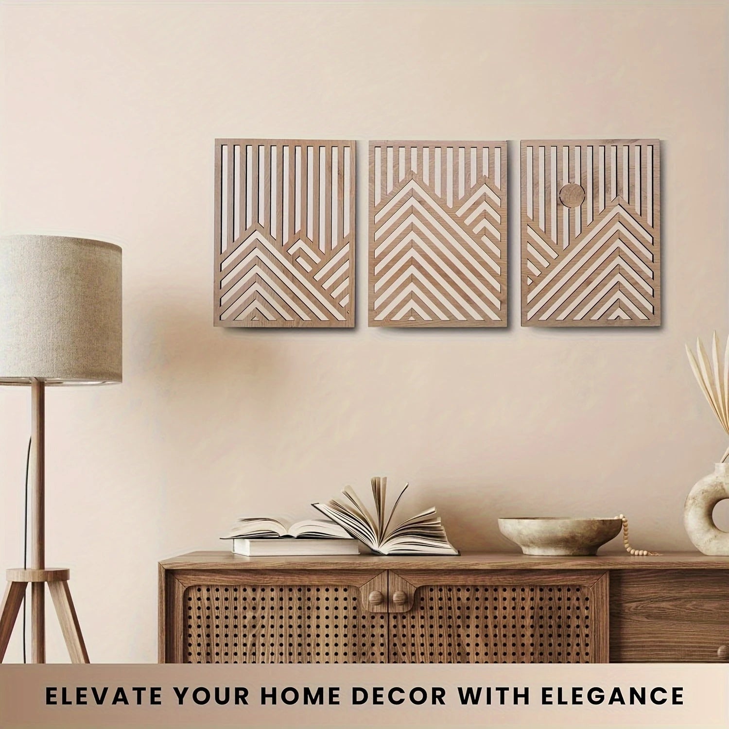 OptiArt Sun – 3-Piece Retro Boho Wood Wall Art | Pine & Sun Mural Set for Living Room & Bedroom