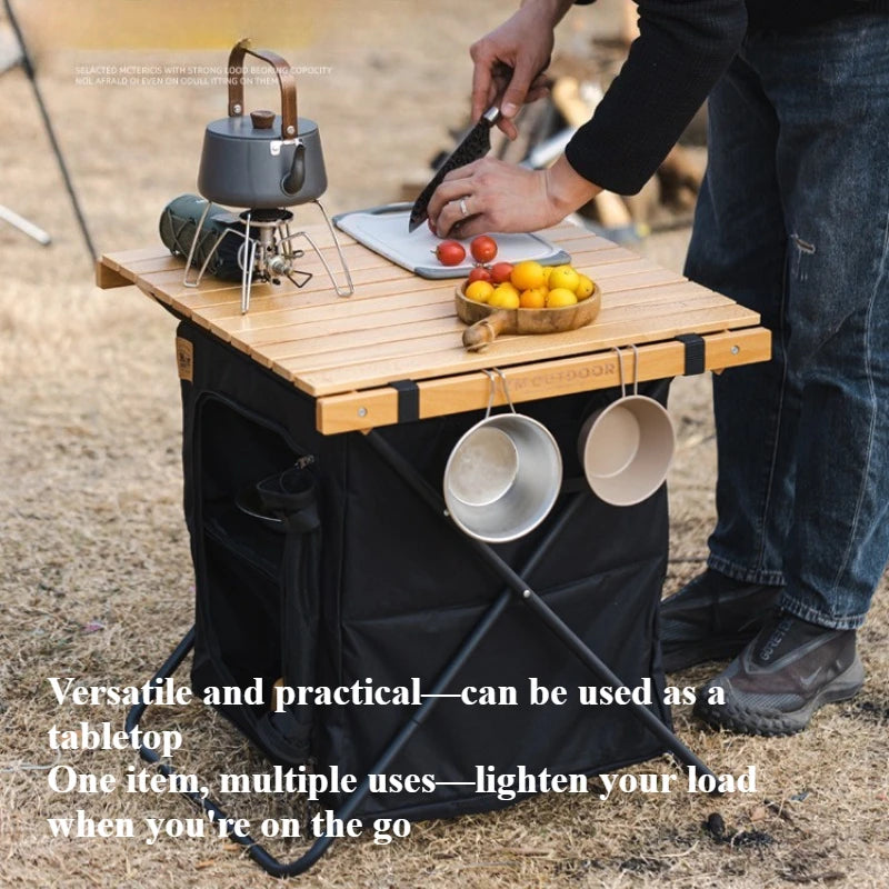 OptiFold Camp – Foldable Outdoor Storage Cabinet | 2-in-1 Solid Wood Camping Table