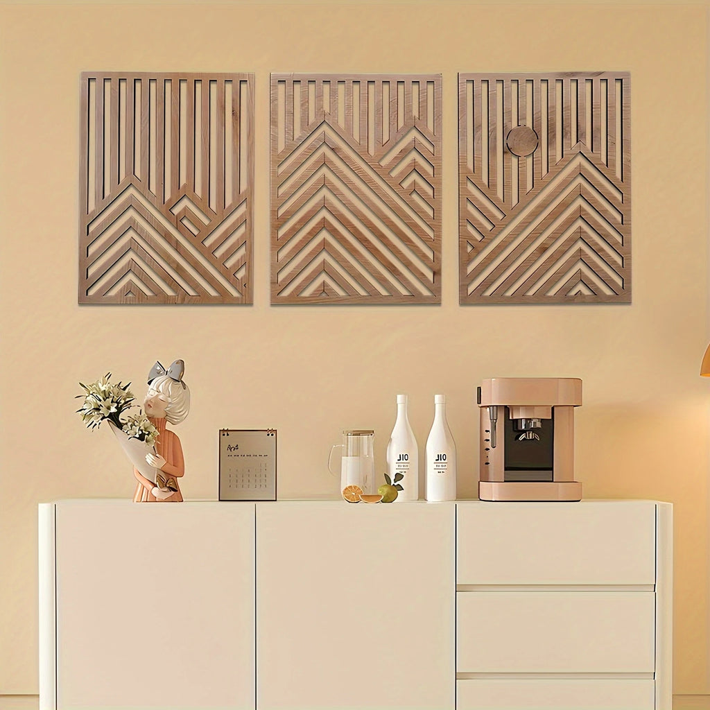 OptiArt Sun – 3-Piece Retro Boho Wood Wall Art | Pine & Sun Mural Set for Living Room & Bedroom