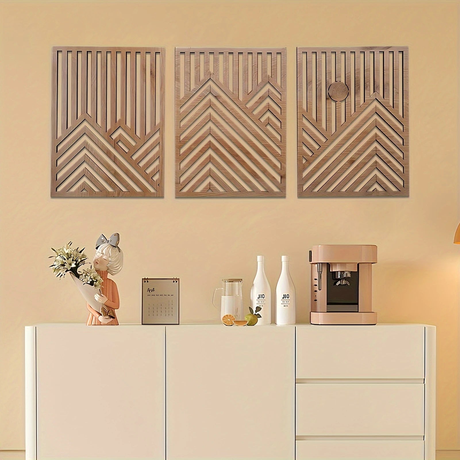 OptiArt Sun – 3-Piece Retro Boho Wood Wall Art | Pine & Sun Mural Set for Living Room & Bedroom