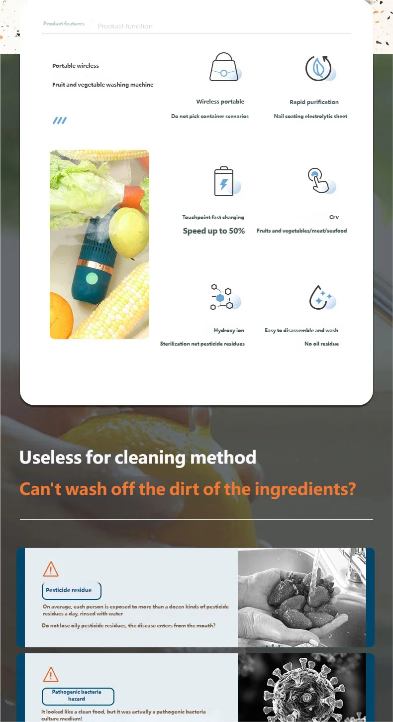 OptiPure Wash – Ultrasonic Fruit & Vegetable Cleaner | Cordless USB Rechargeable Food Purifier