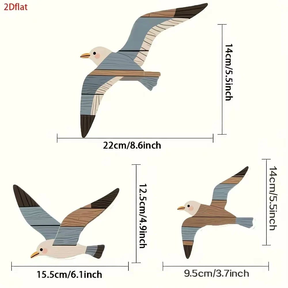 OptiWall Birds – Wooden Seagull Wall Decor Set of 3 | Coastal Nautical Home Decoration