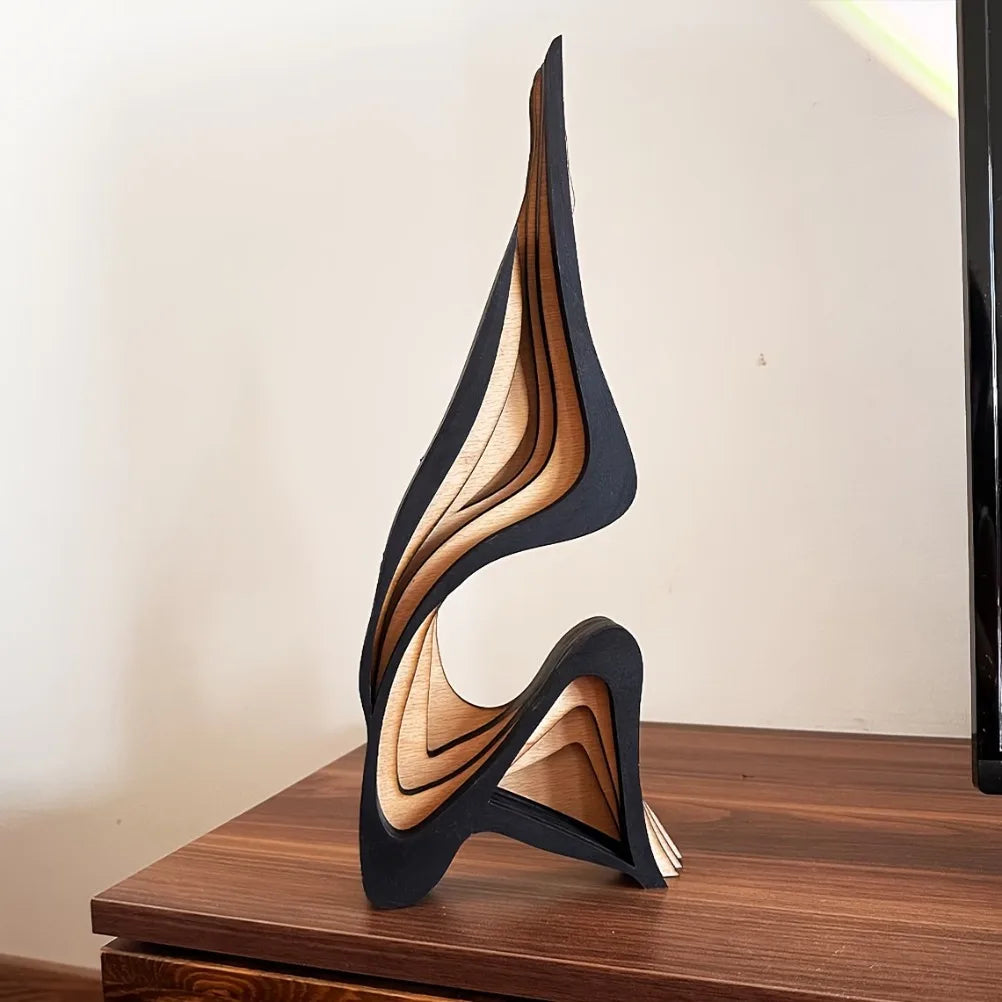 OptiArt Curve – Streamlined Wooden Abstract Statue | Modern Minimalist Desktop & Bookshelf Sculpture