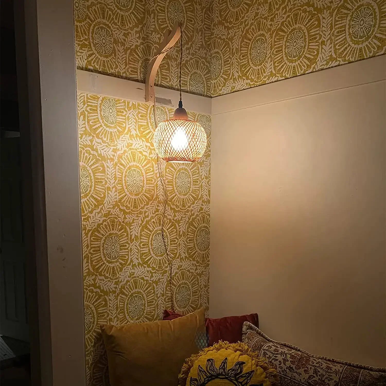 OptiGlow Rattan – Hand-Woven Bamboo Wall Lamp | E27 Boho Lantern for Bedroom, Foyer & Dining Room