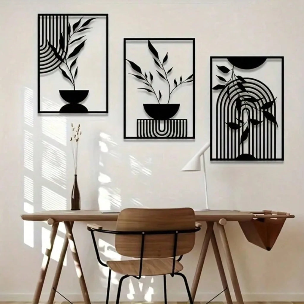 OptiArt Iron – Black Metal Wall Art 3-Piece Set | Abstract Line Decor