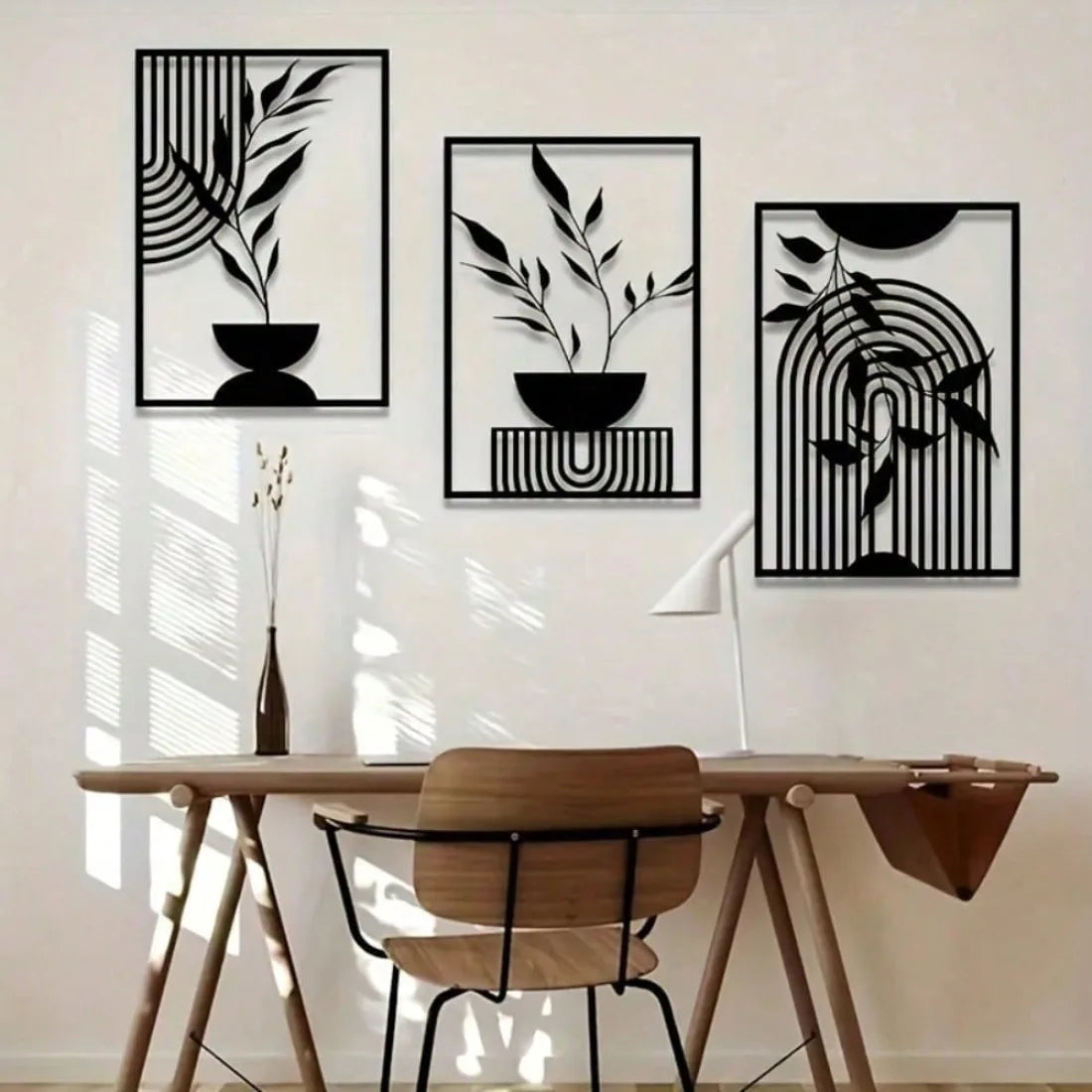OptiArt Iron – Black Metal Wall Art 3-Piece Set | Abstract Line Decor