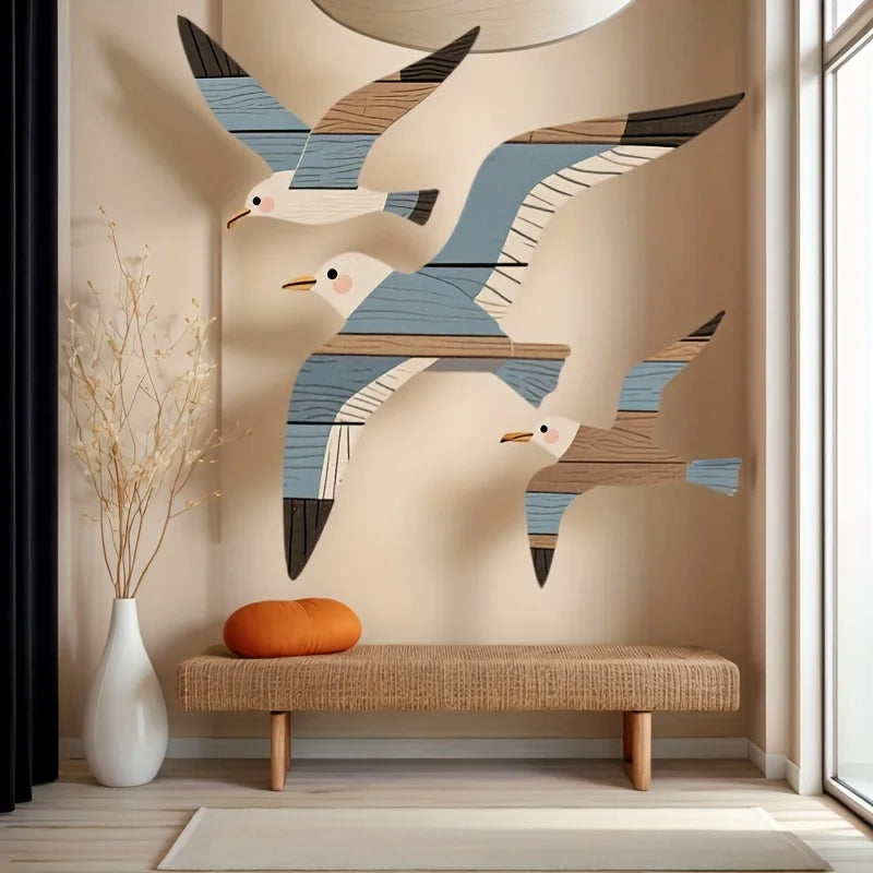 OptiWall Birds – Wooden Seagull Wall Decor Set of 3 | Coastal Nautical Home Decoration