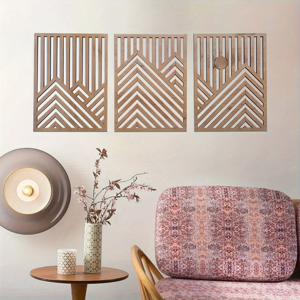 OptiArt Sun – 3-Piece Retro Boho Wood Wall Art | Pine & Sun Mural Set for Living Room & Bedroom