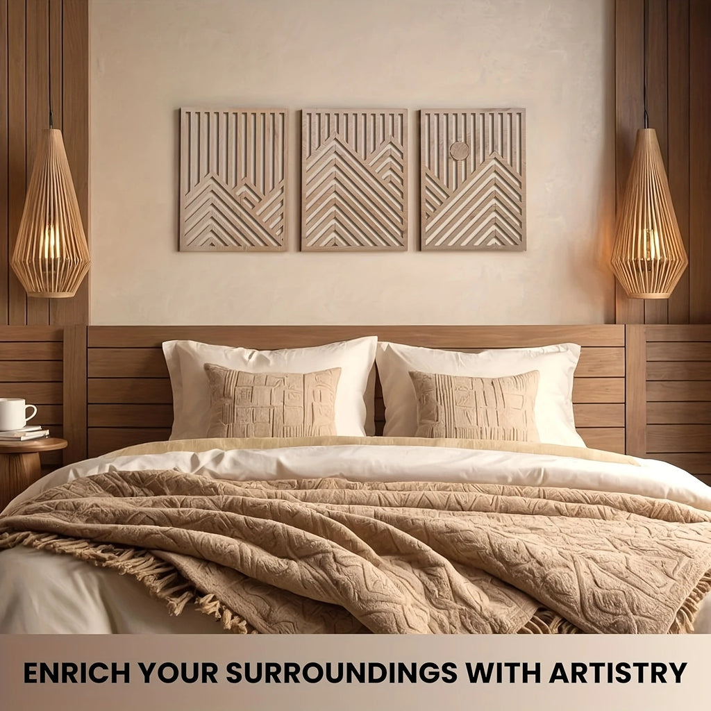 OptiArt Sun – 3-Piece Retro Boho Wood Wall Art | Pine & Sun Mural Set for Living Room & Bedroom