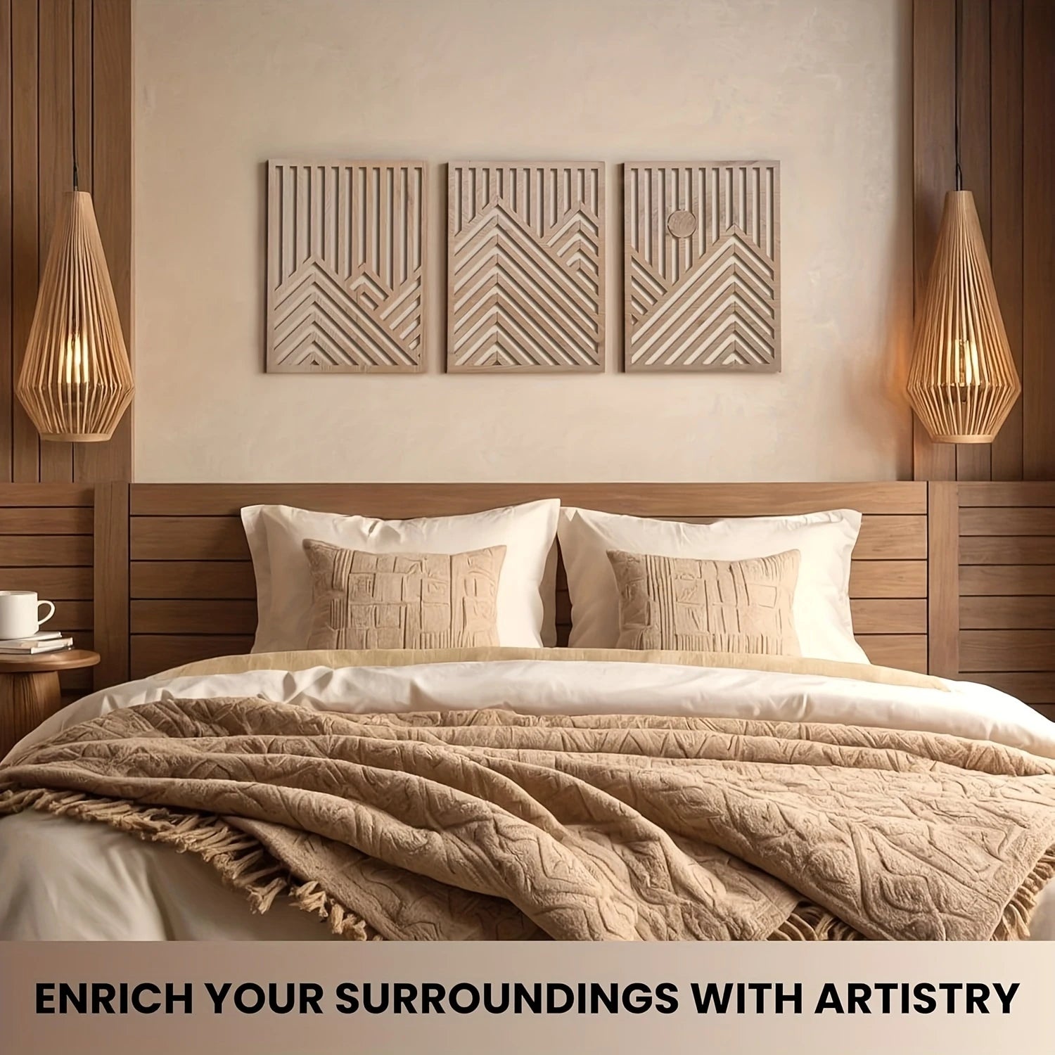 OptiArt Sun – 3-Piece Retro Boho Wood Wall Art | Pine & Sun Mural Set for Living Room & Bedroom