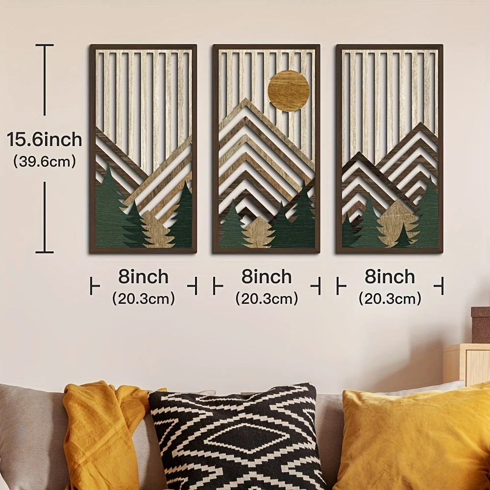 OptiArt Sun – 3-Piece Retro Boho Wood Wall Art | Pine & Sun Mural Set for Living Room & Bedroom